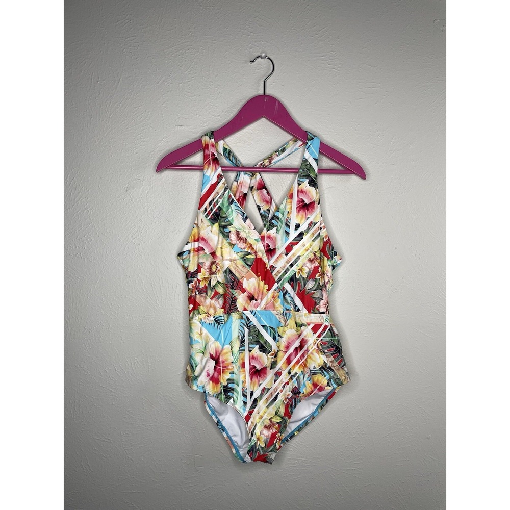 Jantzen One Piece Swimsuit Womens Size 8 Tropical Deep V Plunge Summer Cruise M